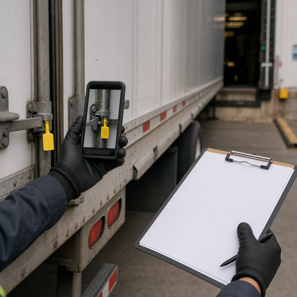 Driver documenting a trailer seal and cargo handoff at a loading dock