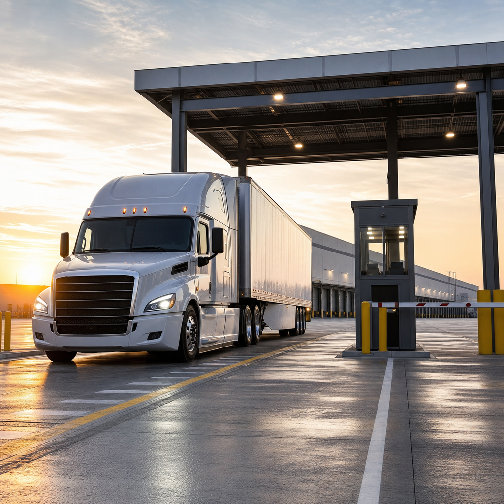 Unbranded tractor trailer arriving for a dock appointment at a logistics facility