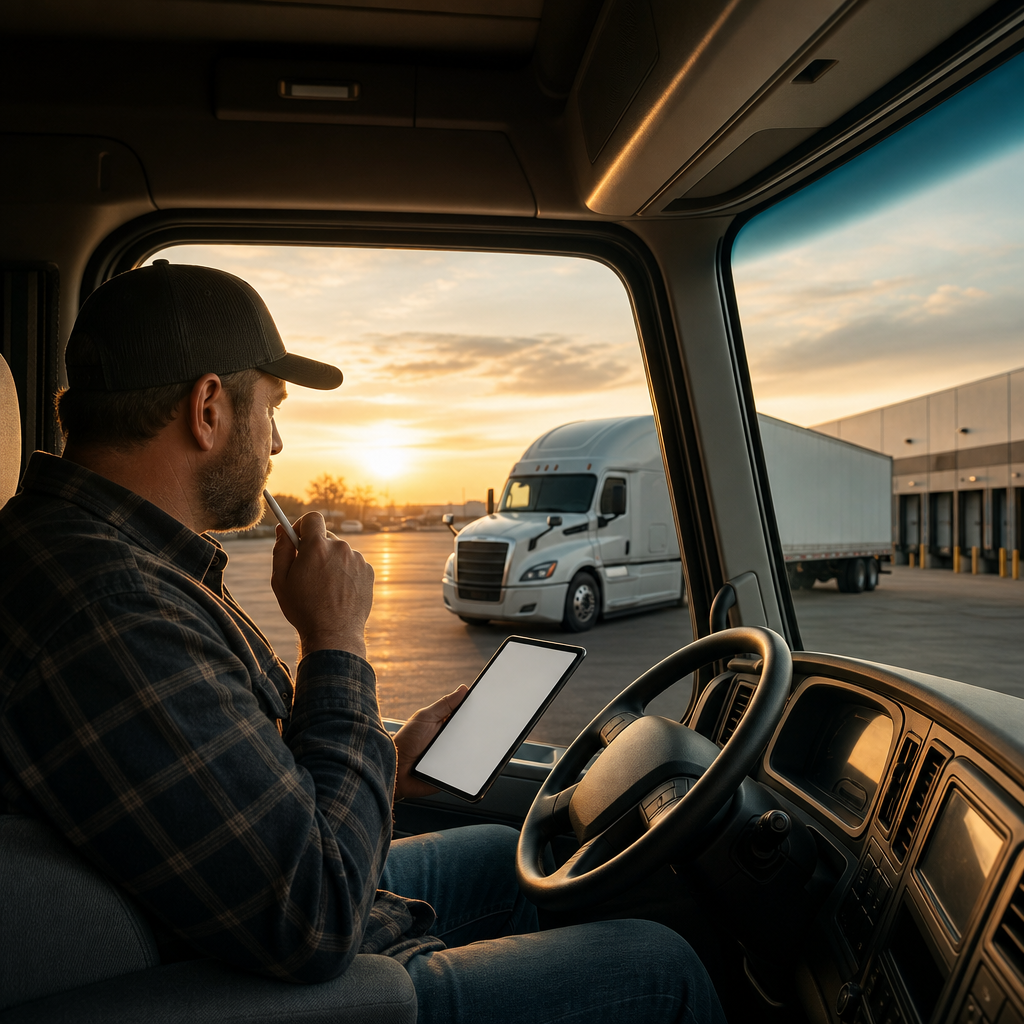 Owner operator planning routes in a truck cab at a logistics yard