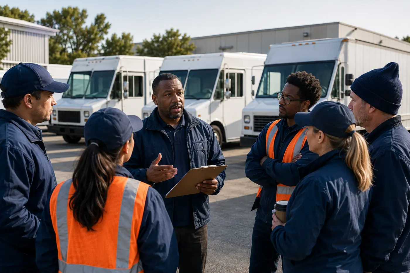 Independent delivery drivers attending a fleet safety meeting