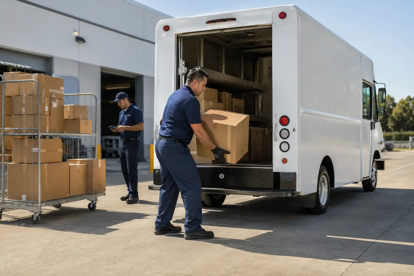 Independent pickup and delivery contractor loading an unbranded step van in Central Los Angeles