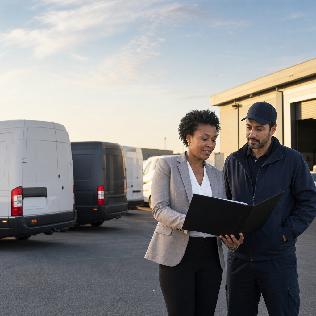 Delivery fleet manager reviewing insurance documents in an unbranded vehicle yard