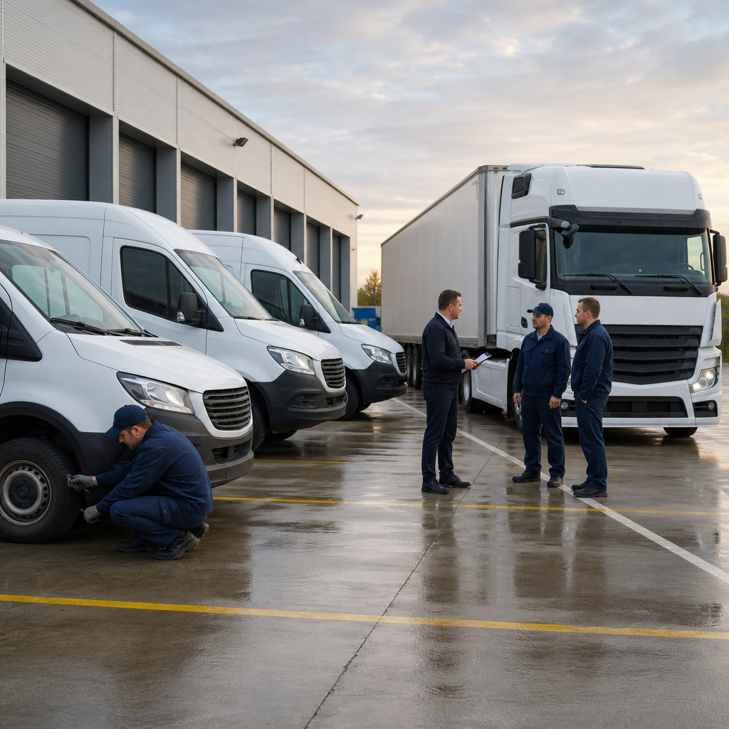 Unbranded delivery vans and a tractor trailer in a professional fleet maintenance yard