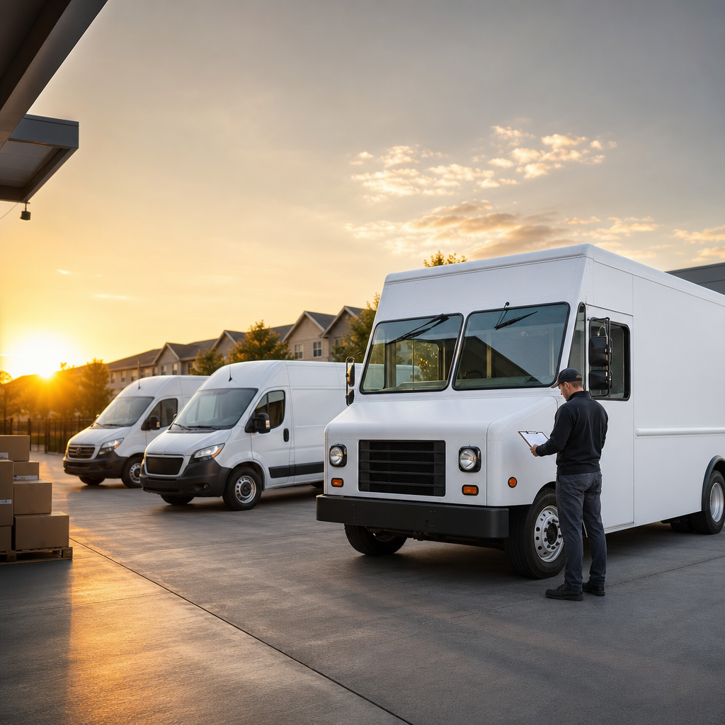 Unbranded parcel delivery fleet completing a morning vehicle inspection