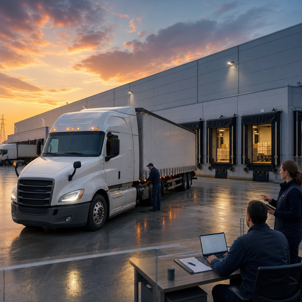 Unbranded tractor trailer arriving at a distribution terminal while a driver checks the trailer connection