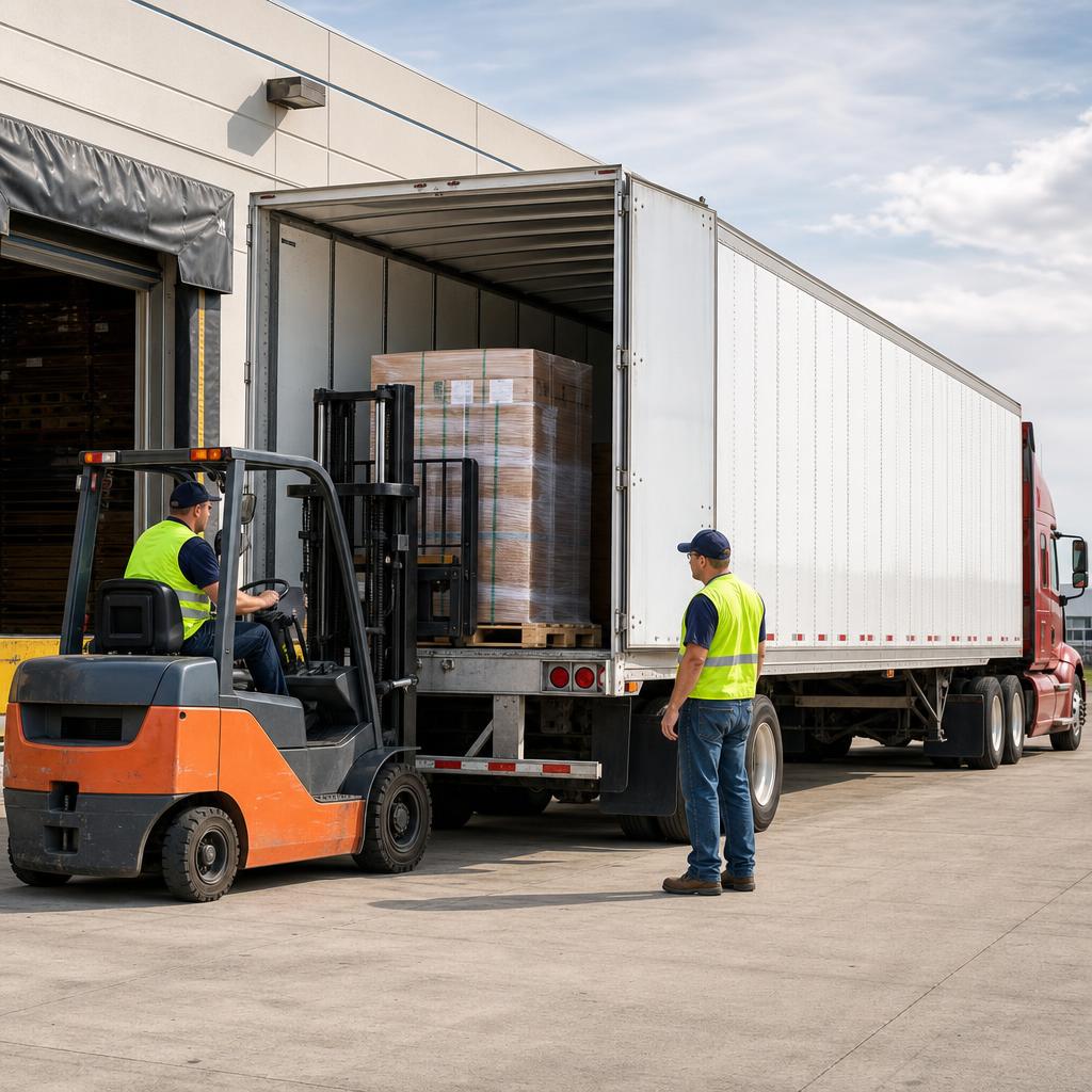Warehouse crew loading palletized freight into a dry van trailer