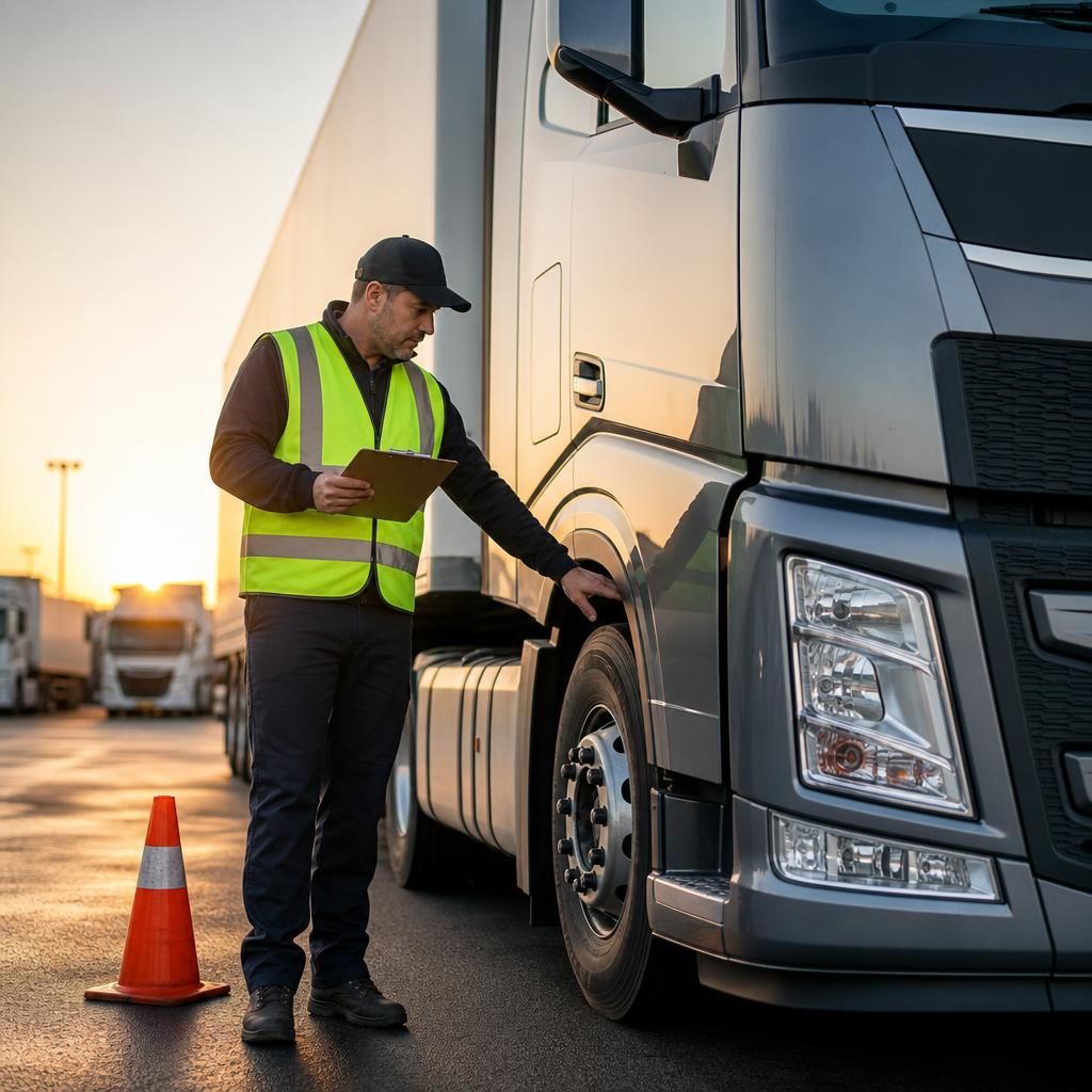 Professional truck driver completing a pre-trip inspection