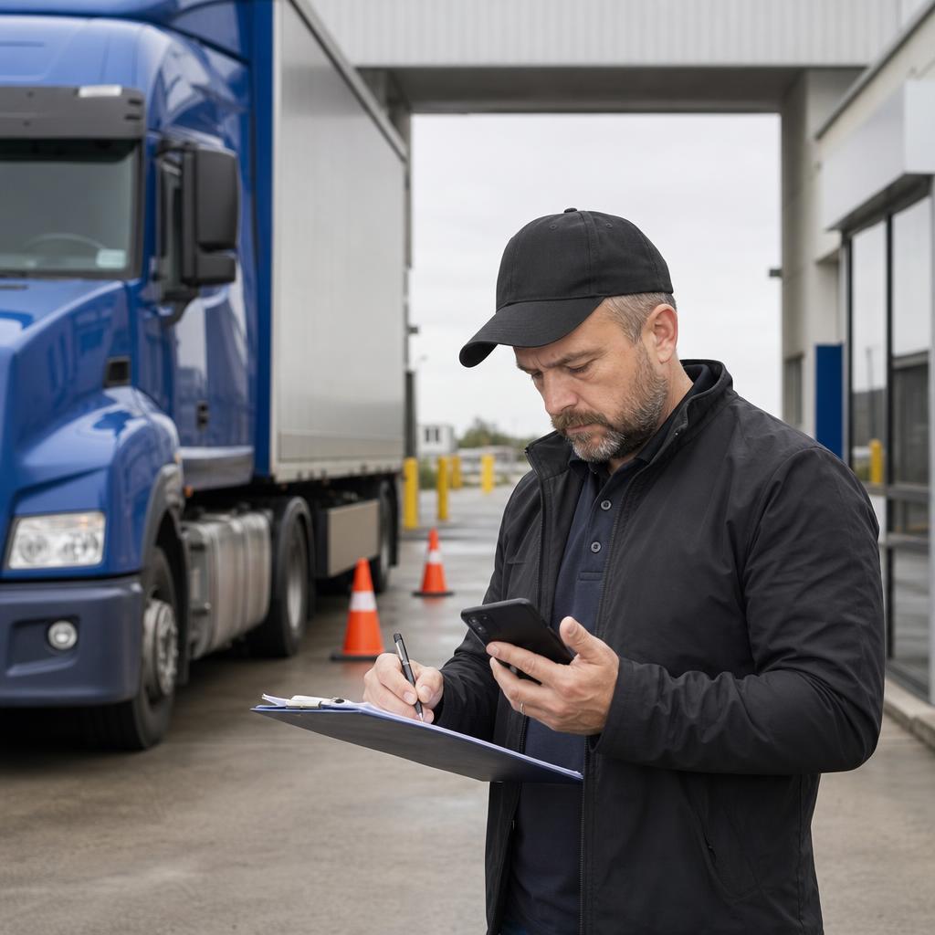 Trucking supervisor documenting an incident near a terminal entrance