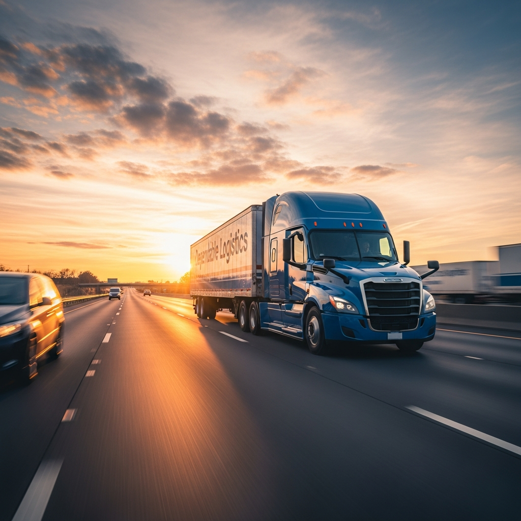 Commercial truck convoy on highway at sunrise