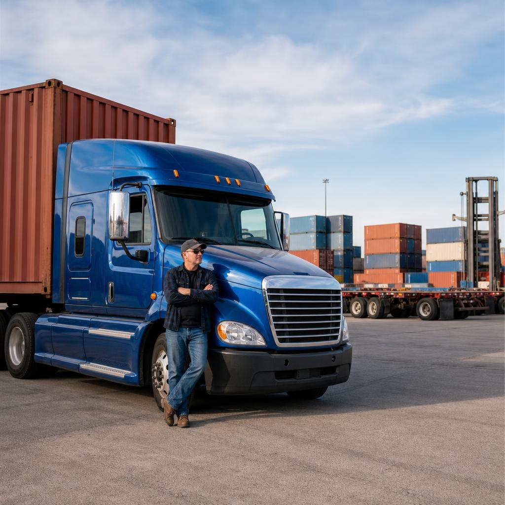 Owner-operator truck at a logistics yard near Bend