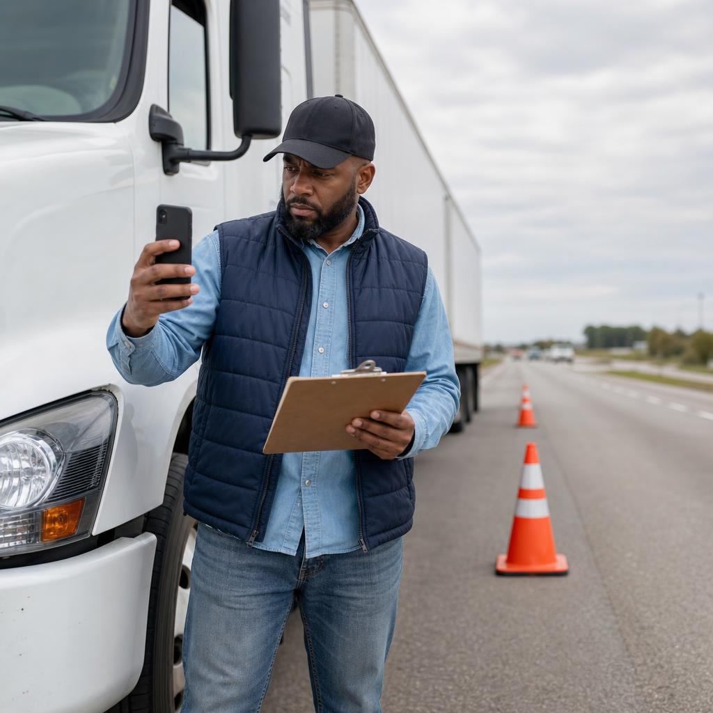 Commercial truck driver documenting a roadside incident with safety cones