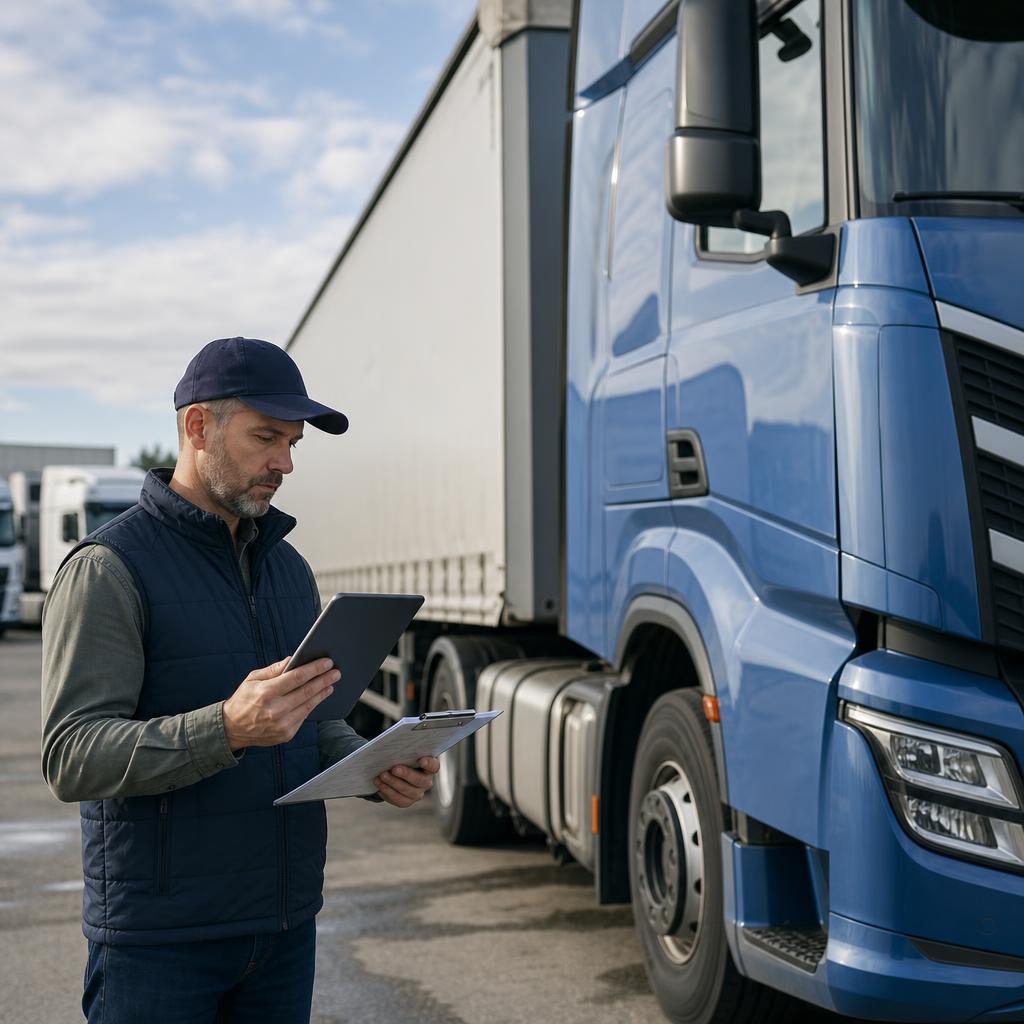 Fleet manager inspecting a commercial tractor and trailer with a tablet