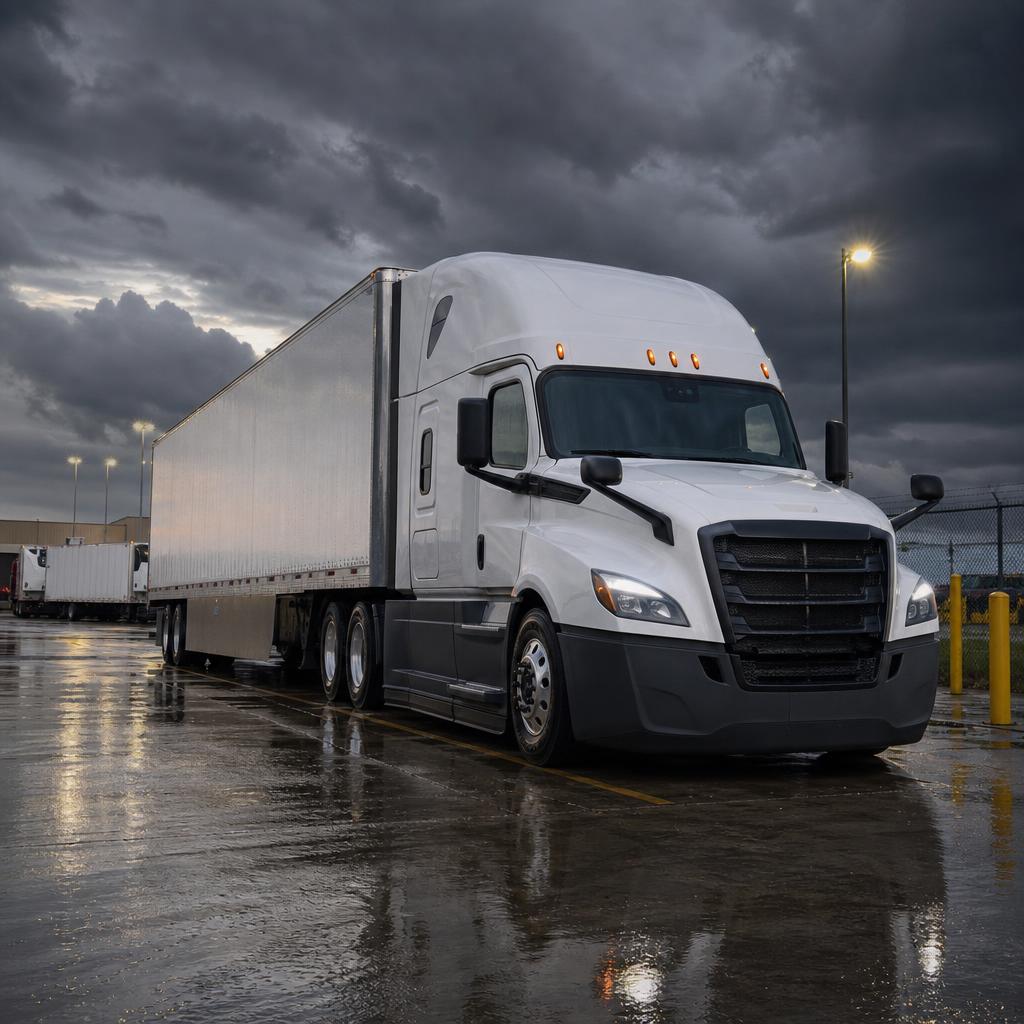 Tractor trailer parked in a secure fleet yard after rainfall