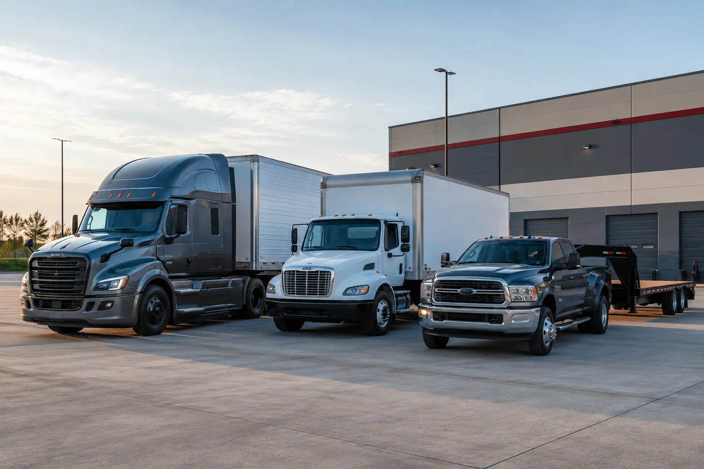 Semi truck, box truck, and hotshot vehicle in a commercial fleet