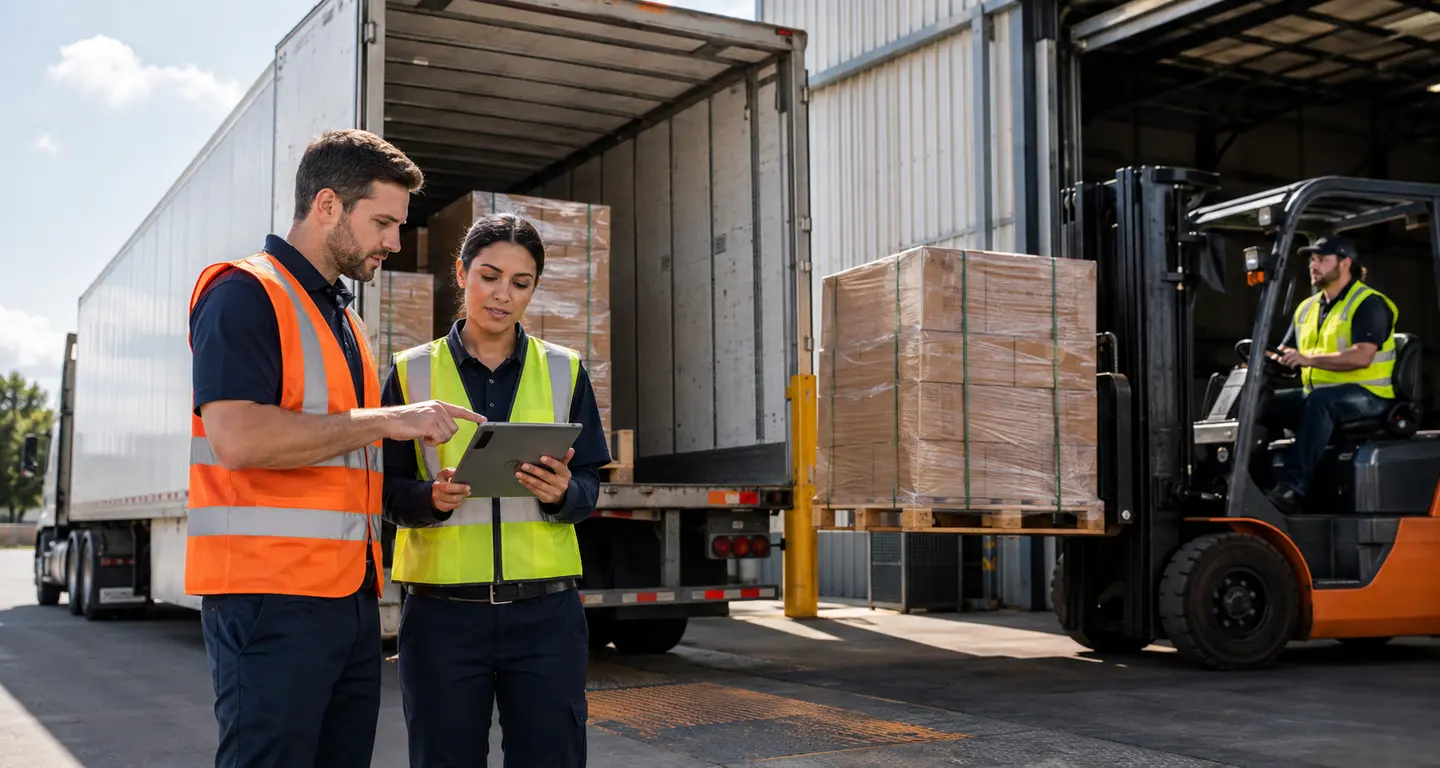 Broker and warehouse team reviewing palletized cargo at a loading dock