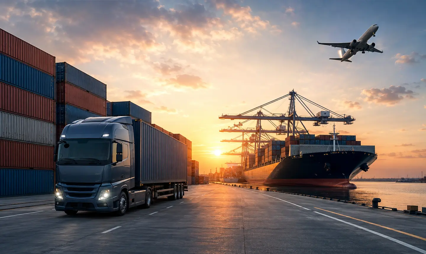 Truck, ocean vessel and cargo aircraft representing multimodal freight forwarding