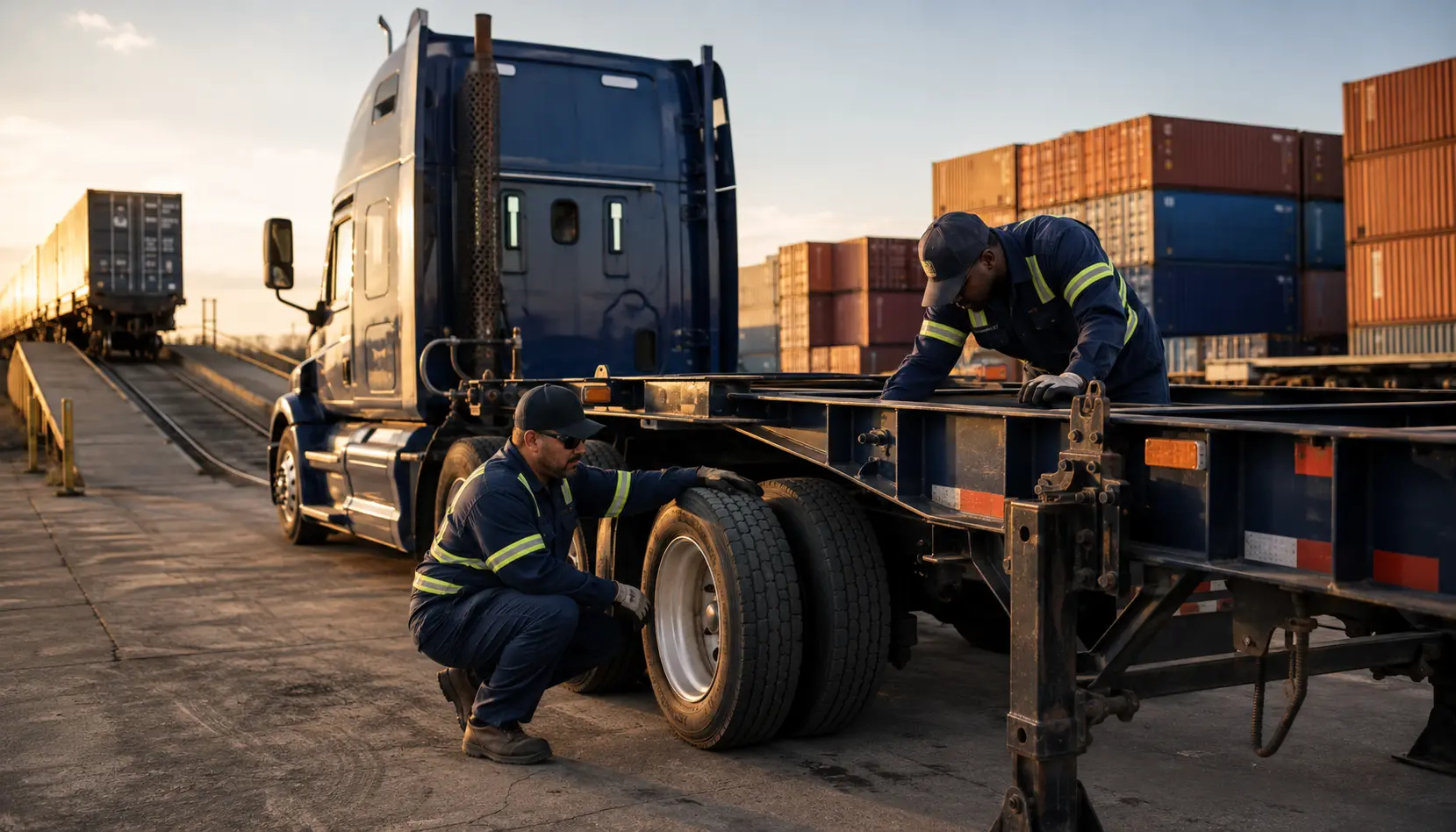 Drayage team inspecting a container chassis and tires