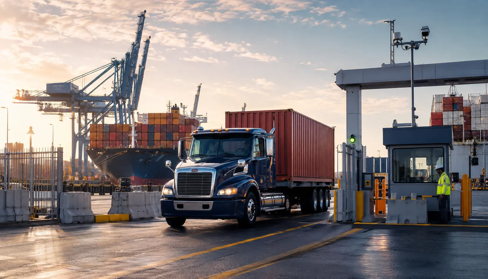 Day-cab container truck entering a marine terminal gate
