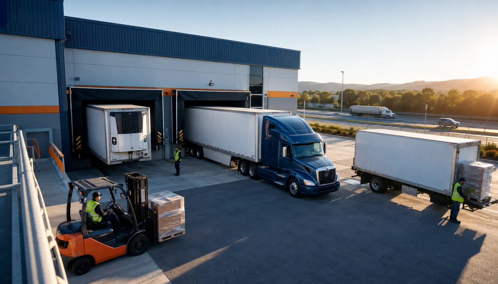 Trucks and workers handling freight at a distribution warehouse